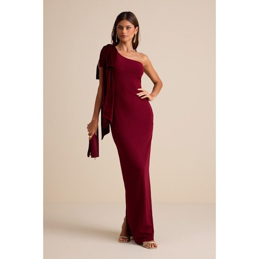 Lulus Amarila Burgundy One-shoulder Velvet Bow Maxi Dress Red - Size L